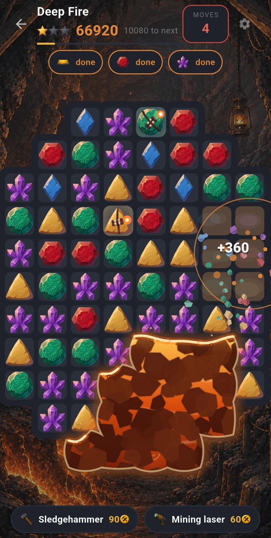 Deep Fire level: a blast combo clearing boulders for +360 points