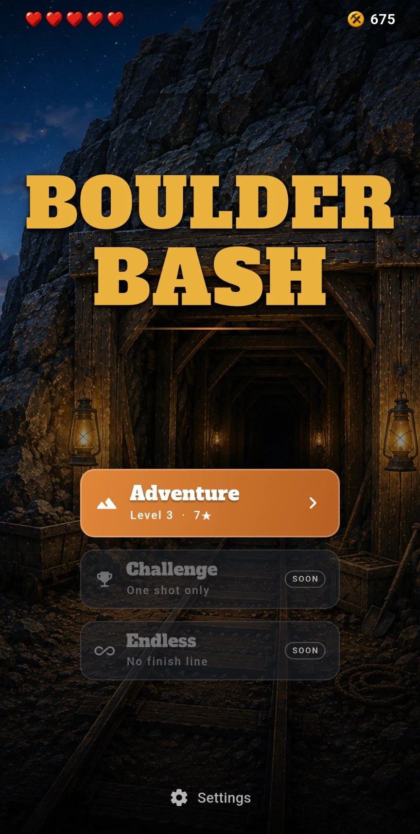 Boulder Bash main menu: the mine entrance at night with the Adventure mode button