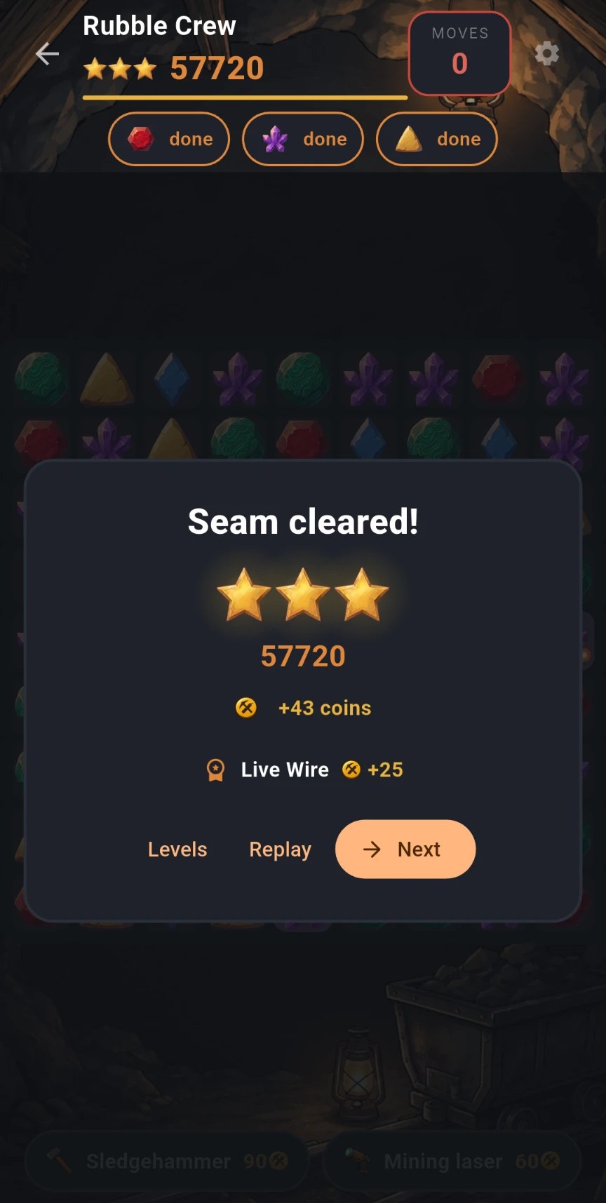 Level complete screen: three stars, 57720 points, coins earned